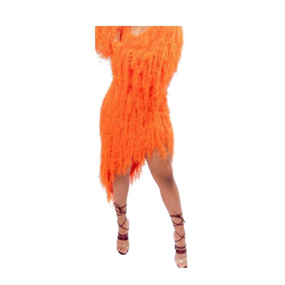 Asymmetrical dainty shaggy dress long sleeve low cut cocktail party club event